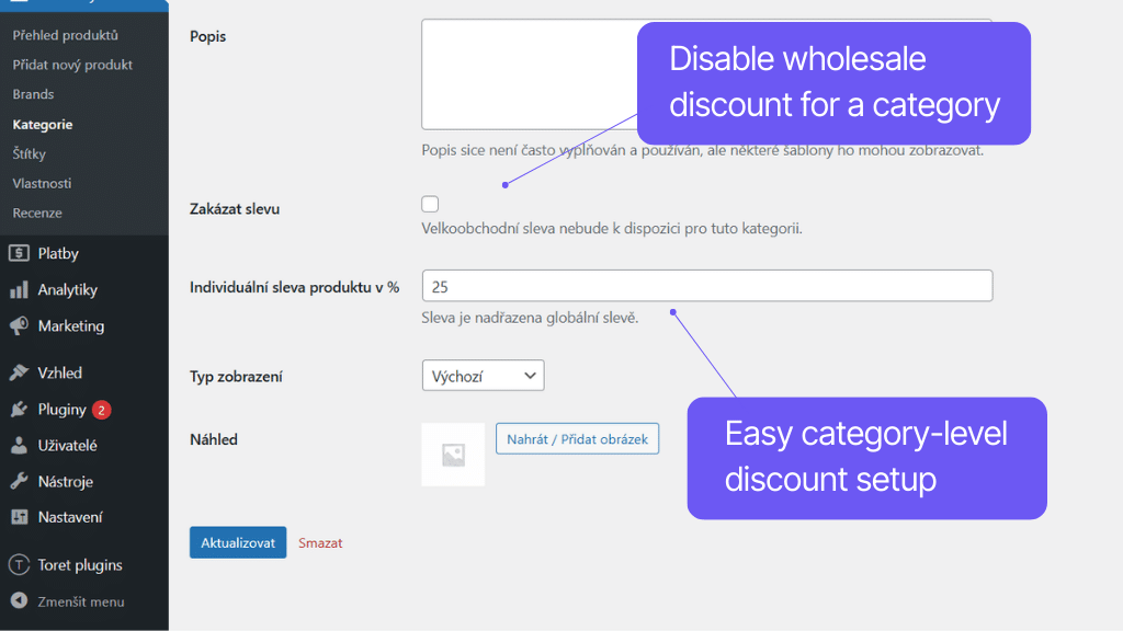 Plugin Toret Wholesale for WooCommerce - category settings