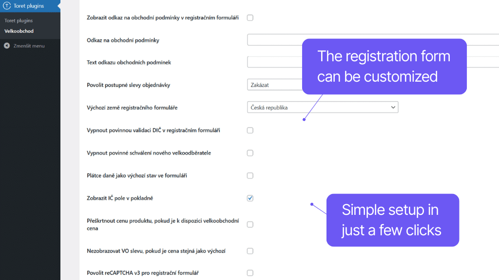 Plugin Toret Wholesale for WooCommerce - form settings