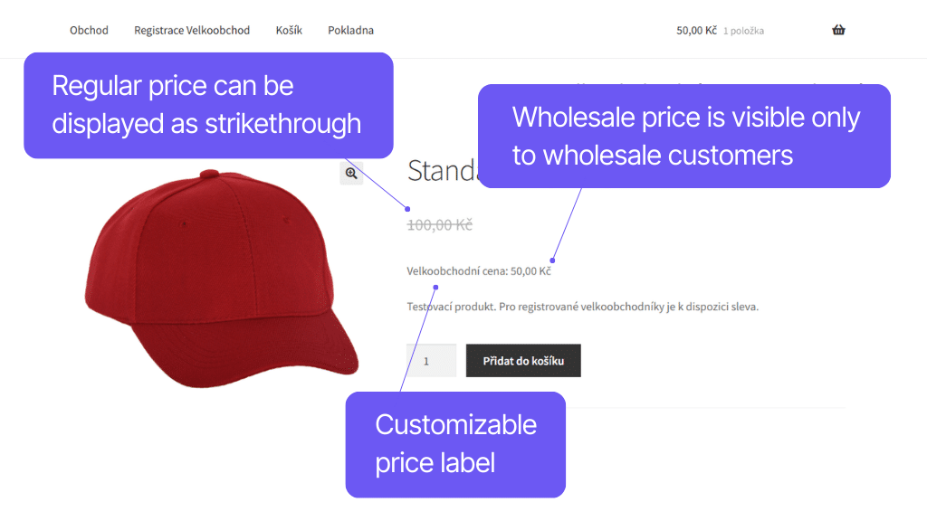 Plugin Toret Wholesale for WooCommerce - product display