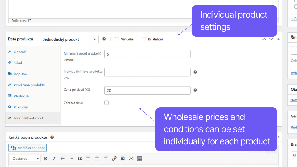 Plugin Toret Wholesale for WooCommerce - product settings