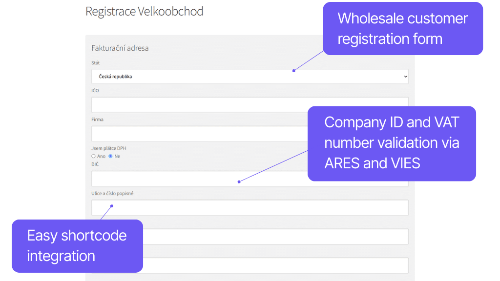 Plugin Toret Wholesale for WooCommerce - registration form