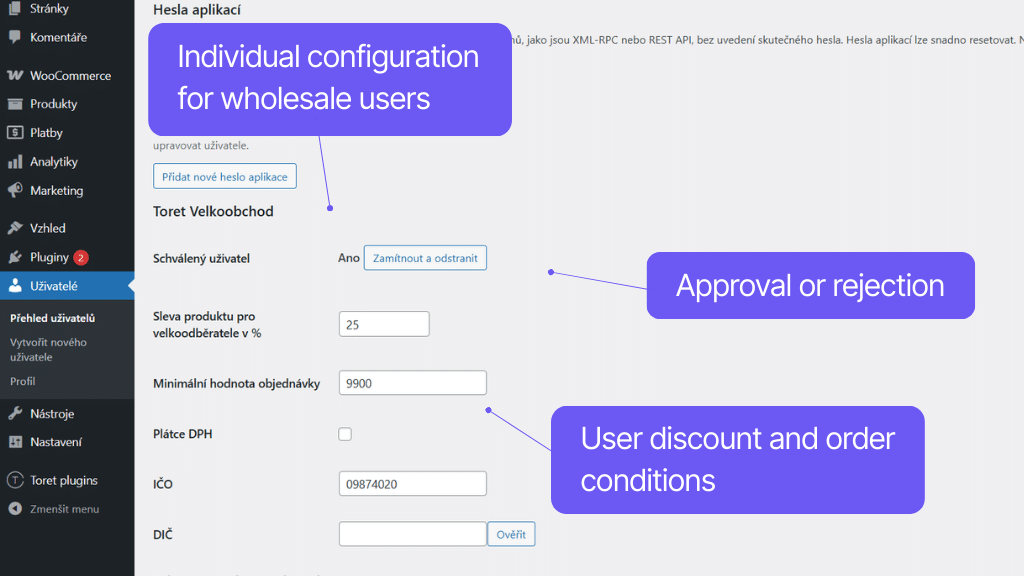 Plugin Toret Wholesale for WooCommerce - settings for wholesale users