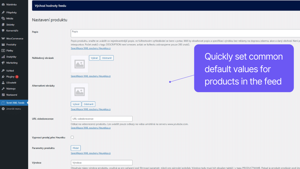 Plugin Toret XML Feeds for WooCommerce - feed settings