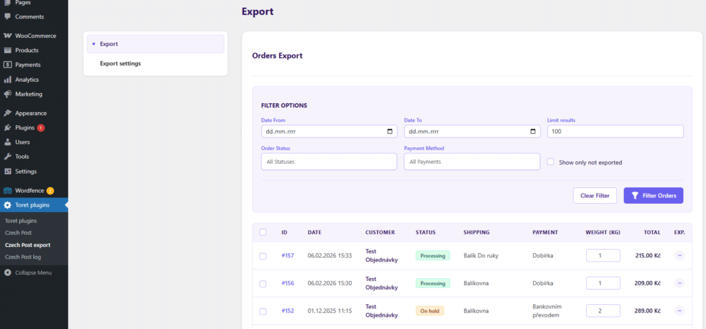 Toret Česká pošta for WooCommerce Plugin - CSV export