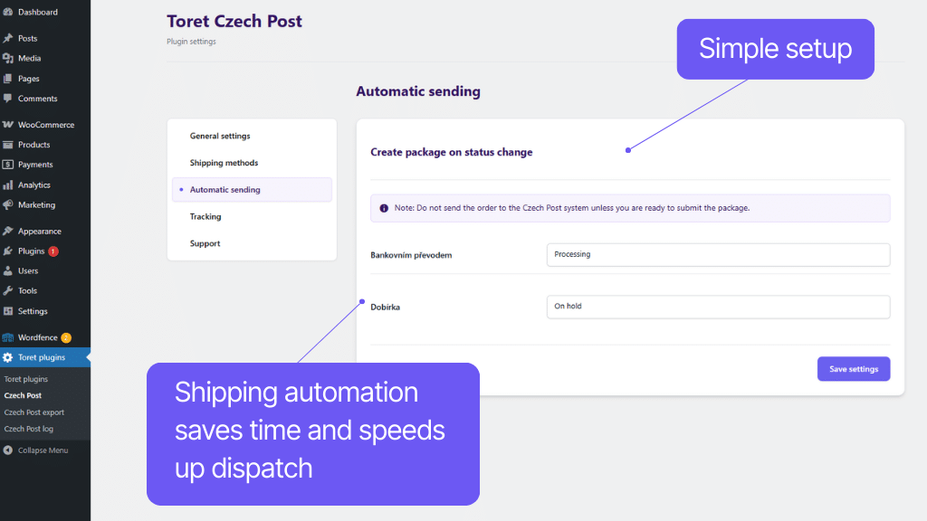 Toret Česká pošta for WooCommerce Plugin - automation settings
