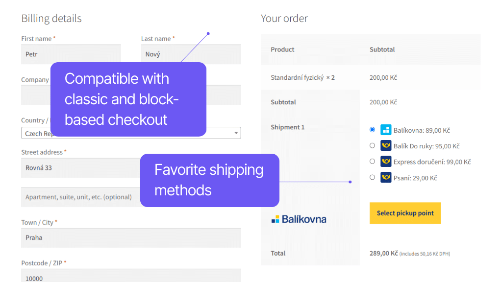 Toret Česká pošta for WooCommerce Plugin - display in checkout