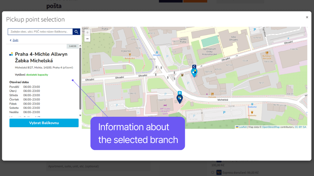 Toret Česká pošta for WooCommerce Plugin - map widget 2