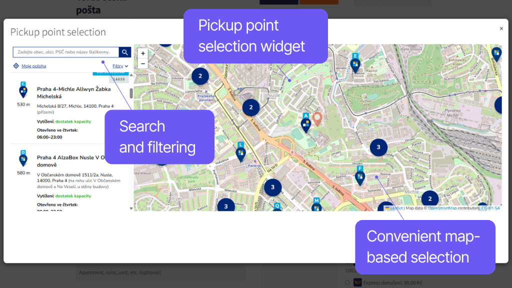 Toret Česká pošta for WooCommerce Plugin - map widget