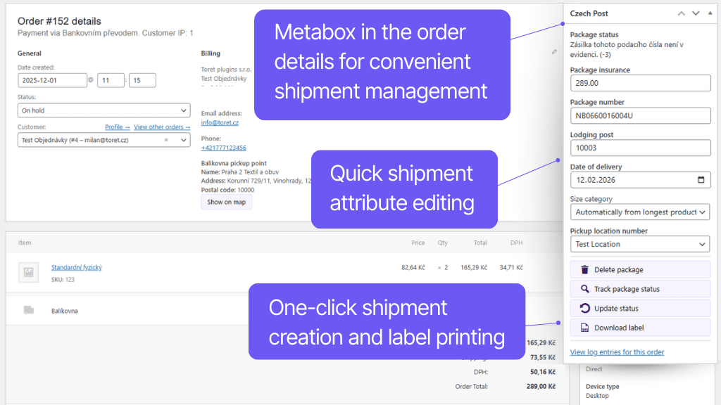 Toret Česká pošta for WooCommerce Plugin - order management detail