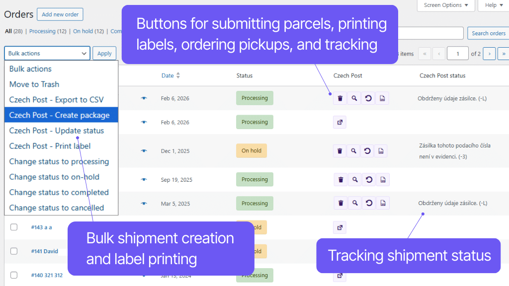 Toret Česká pošta for WooCommerce Plugin - order management