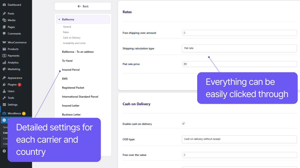 Toret Česká pošta for WooCommerce Plugin - shipping methods settings