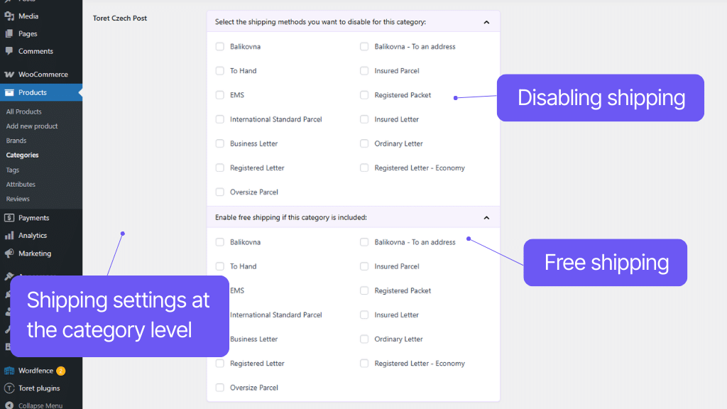 Toret Česká pošta for WooCommerce Plugin - shipping settings for category