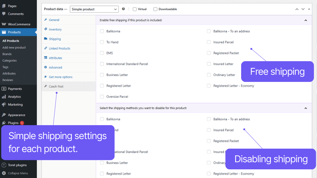 Toret Česká pošta for WooCommerce Plugin - shipping settings for product