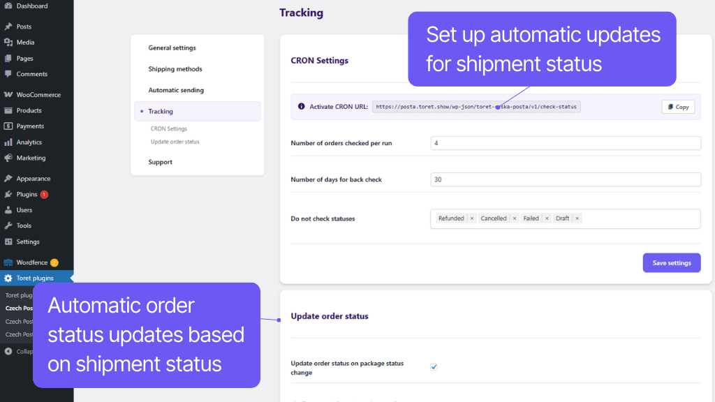 Toret Česká pošta for WooCommerce Plugin - tracking settings
