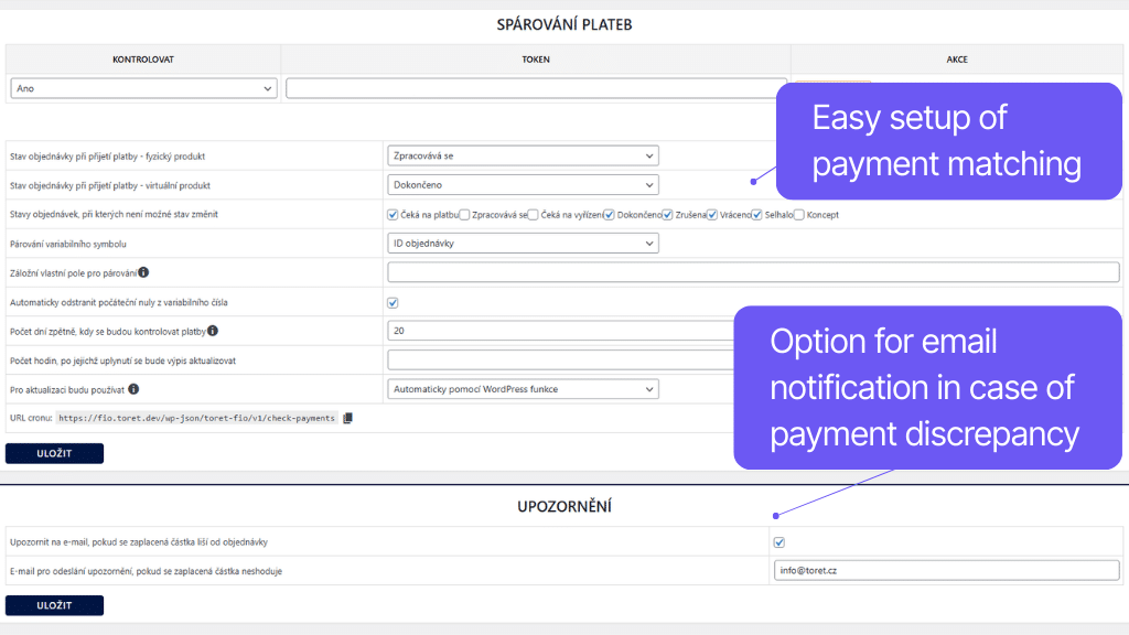 Toret Fio banka - payment matching settings