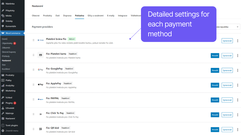Toret Fio banka - payment method settings