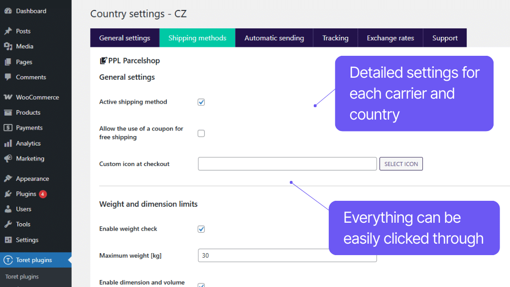 Toret PPL for WooCommerce Plugin - shipping settings
