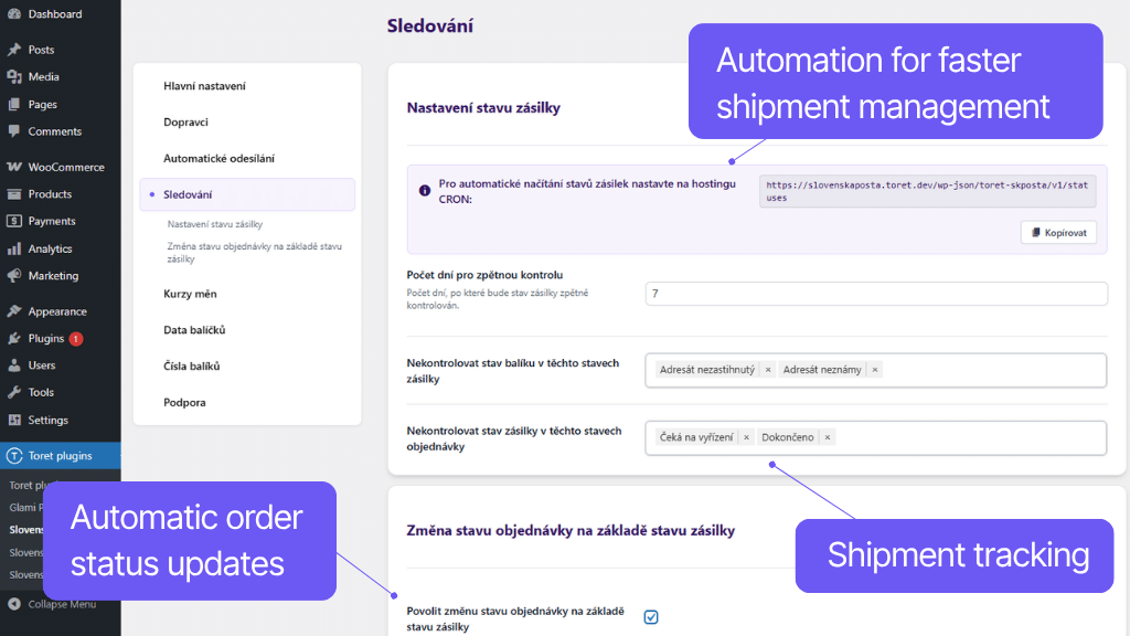 Toret Slovenská pošta Plugin – Automation Settings