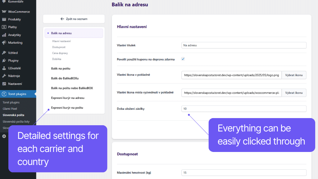 Toret Slovenská pošta Plugin – Settings