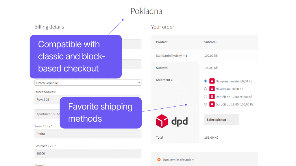 Toret plugin DPD for WooCommerce - checkout display