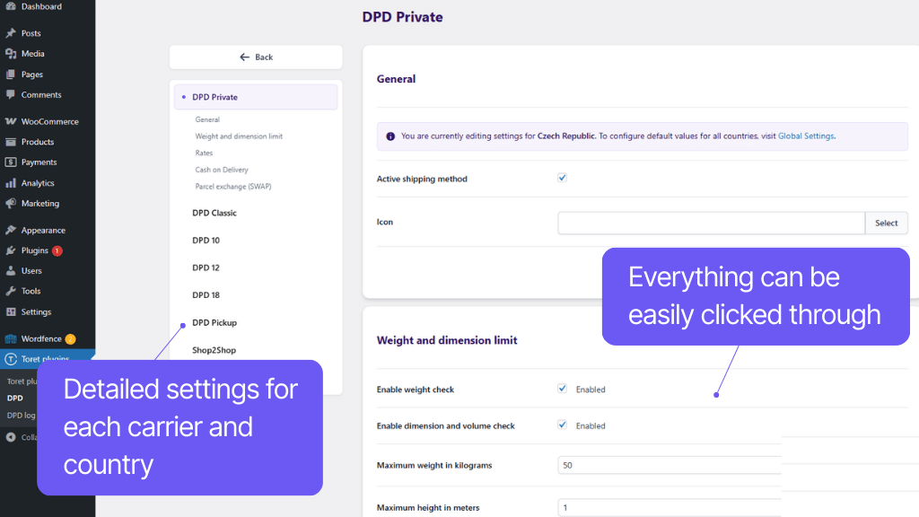Toret plugin DPD for WooCommerce - shipping settings