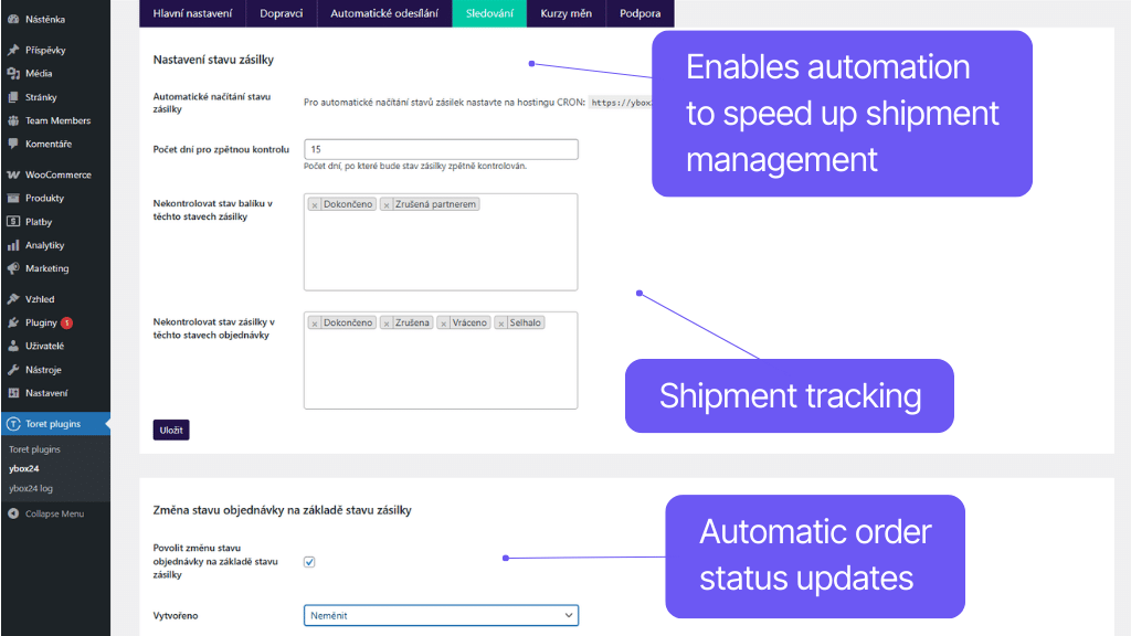 Plugin Toret ybox24 for WooCommerce - automation settings