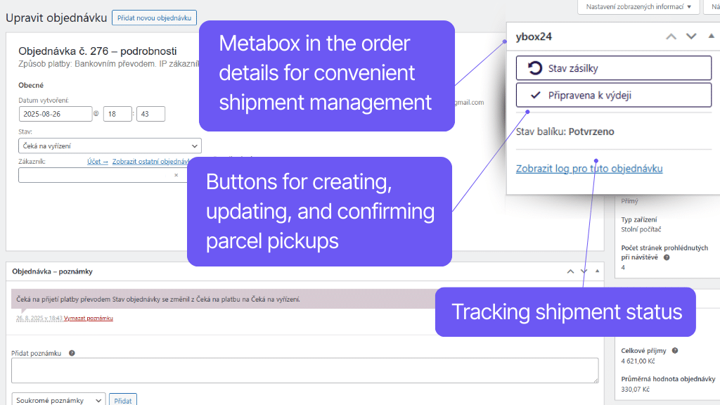 Plugin Toret ybox24 for WooCommerce - order detail