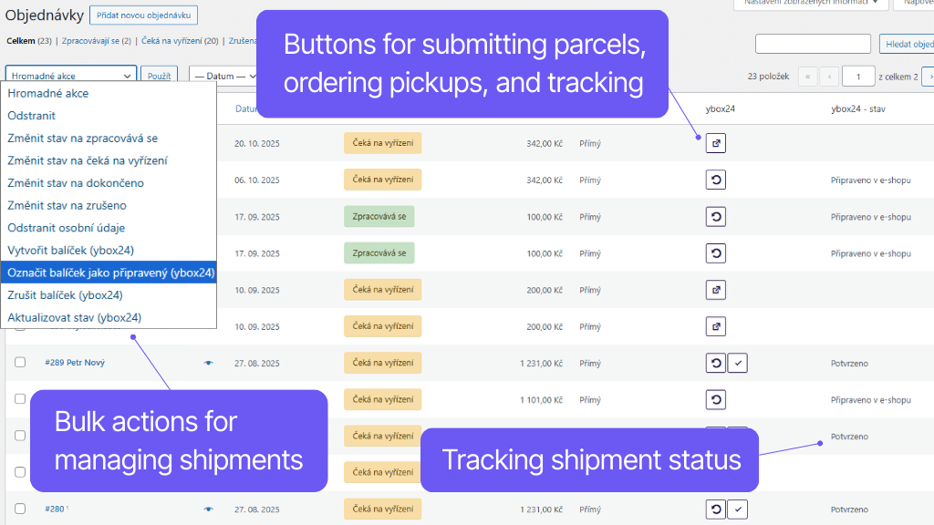 Plugin Toret ybox24 for WooCommerce - order overview