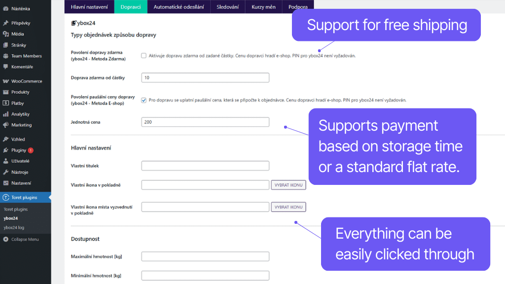Plugin Toret ybox24 for WooCommerce - settings
