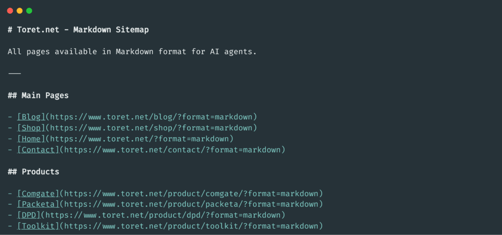 Toret AI Markdown plugin features showcase – sitemap