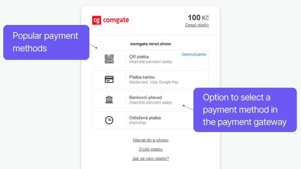 Comgate Payment Gateway for WooCommerce - method selection in gateway
