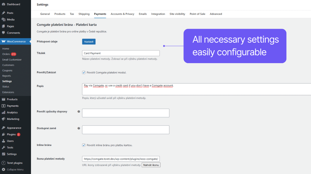 Comgate Payment Gateway for WooCommerce - settings (2)