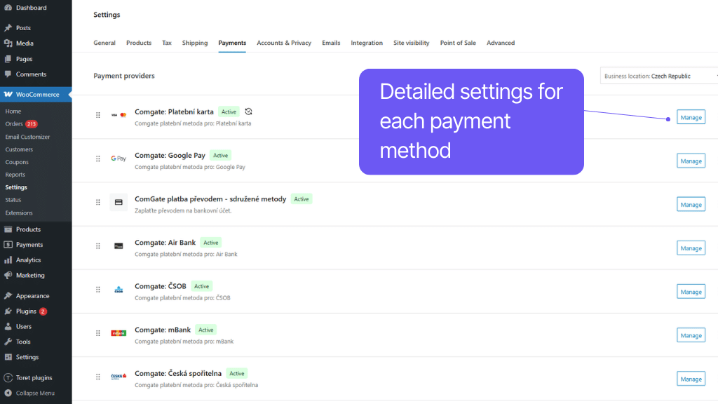 Comgate Payment Gateway for WooCommerce - settings