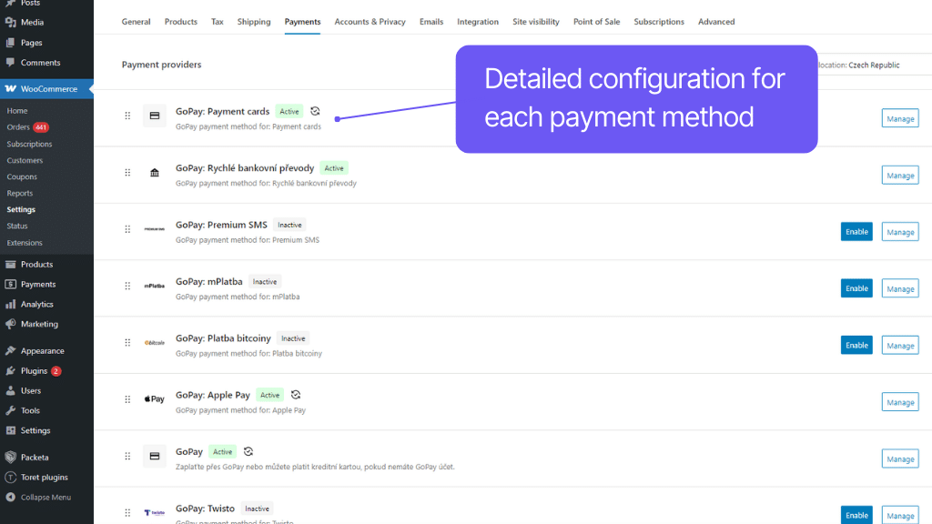 GoPay plugin for WooCommerce - Settings