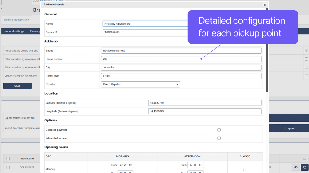 Plugin Toret Custom Branches and Shipping for WooCommerce - branch setting