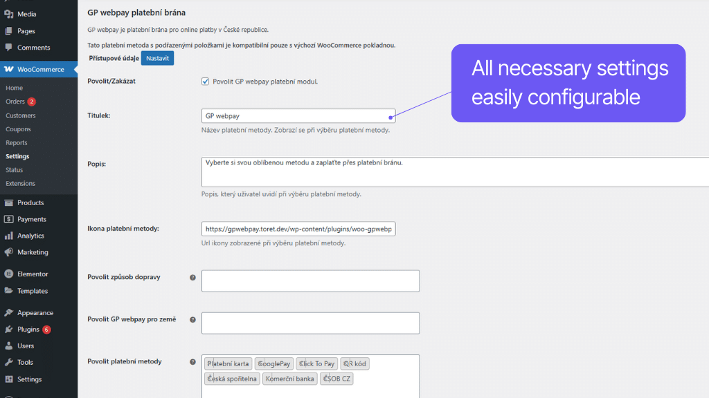 Plugin Toret GP webpay for WooCommerce - payment method settings
