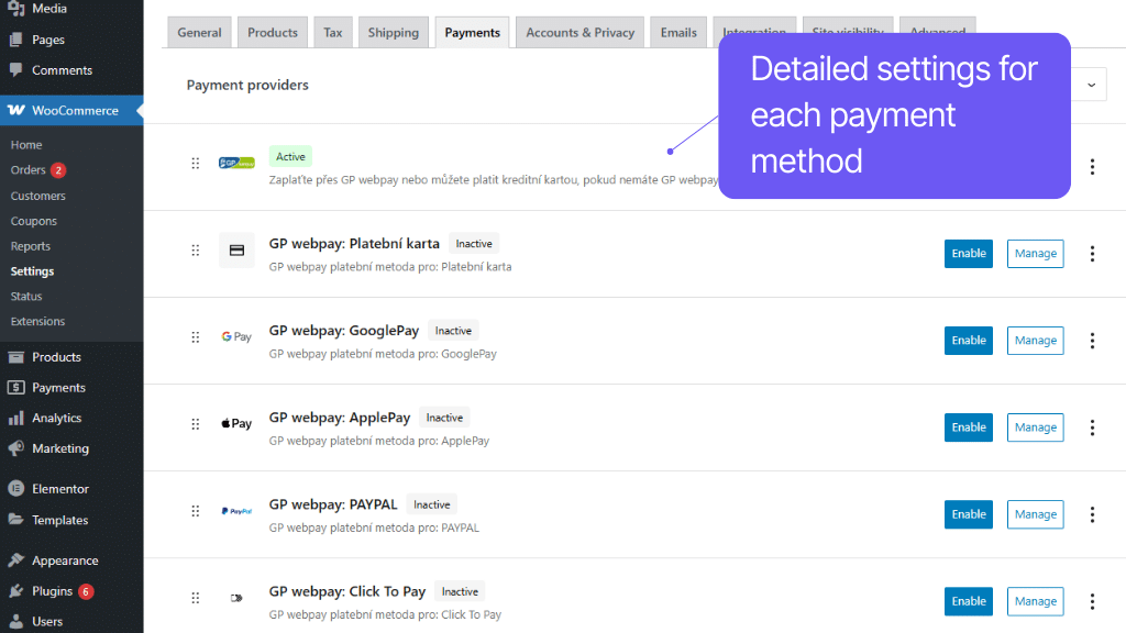 Plugin Toret GP webpay for WooCommerce - payment methods settings