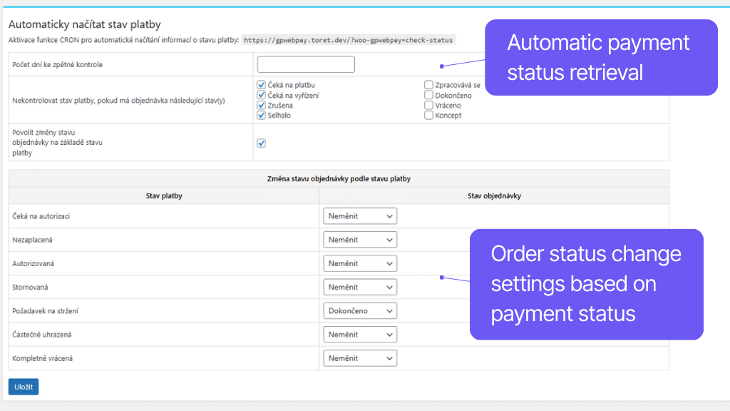 Plugin Toret GP webpay for WooCommerce - settings