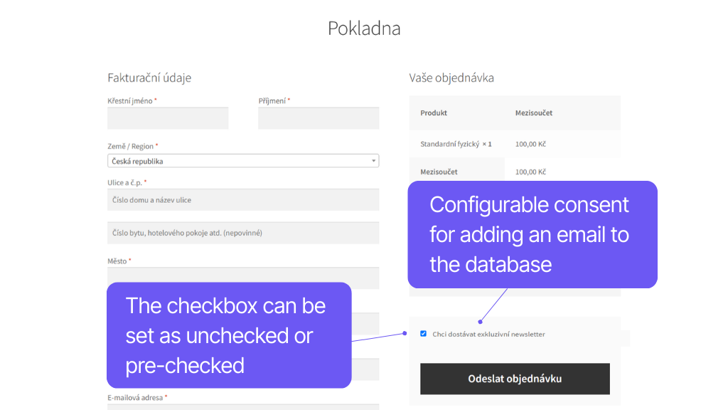 Plugin Toret Smartemailing for WooCommerce - checkbox in checkout