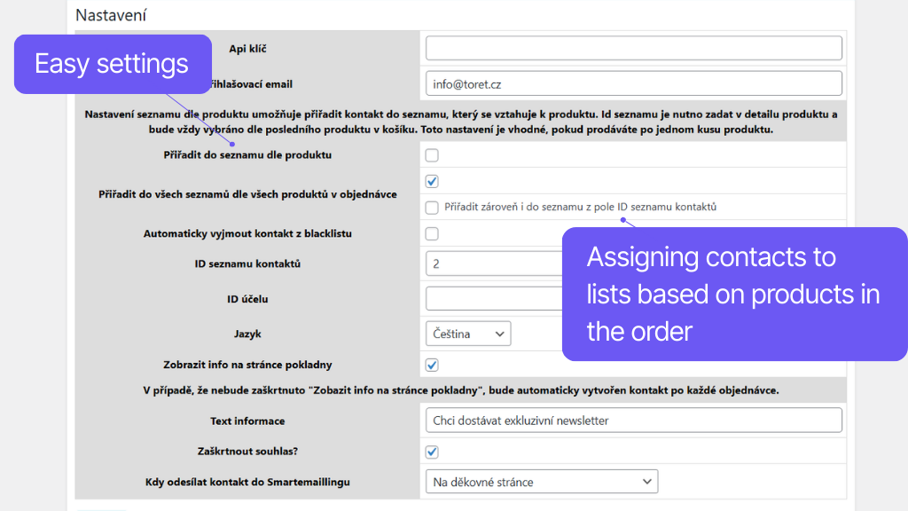 Plugin Toret Smartemailing for WooCommerce - settings
