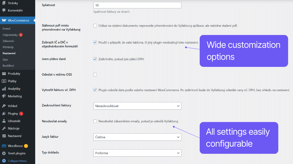 Plugin Toret Vyfakturuj for WooCommerce - settings