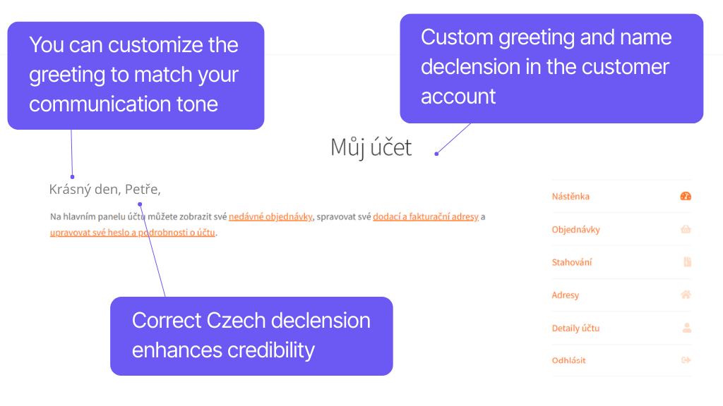 Toret Czech Addressing - display in customer account