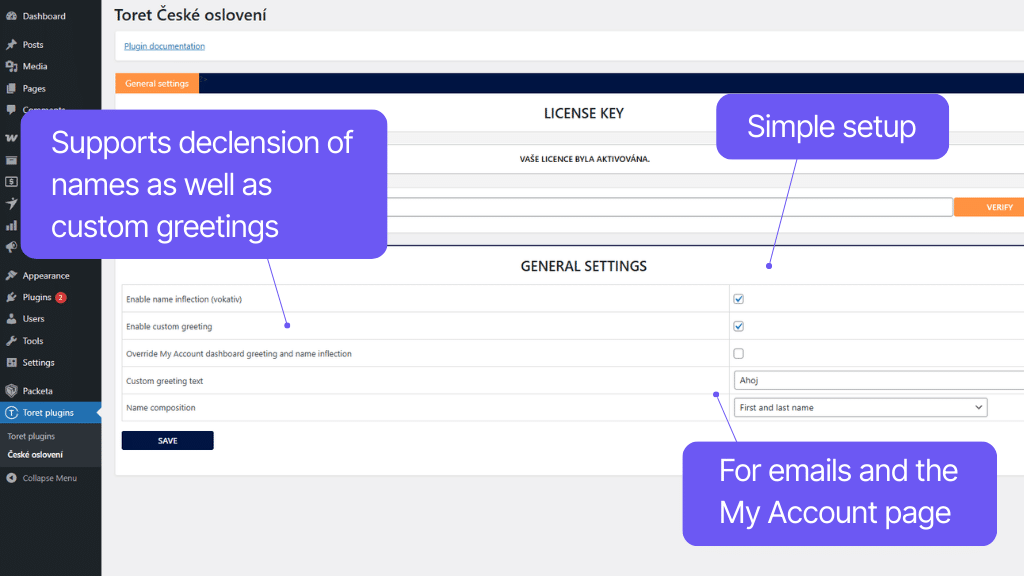 Toret Czech Addressing - settings