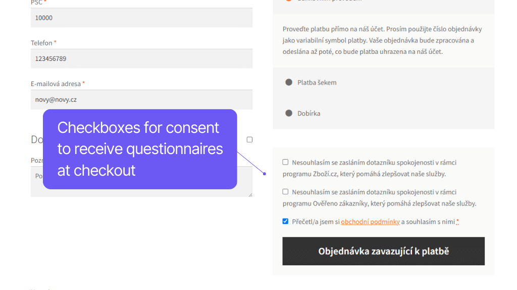 Toret plugin Product Comparison Sites for WooCommerce - checkout checkbox for consent to sending satisfaction questionnaires