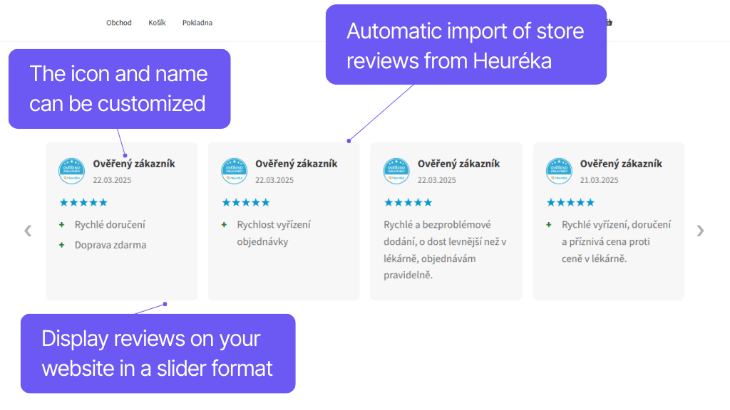 Toret plugin Product Comparison Sites for WooCommerce - displaying store reviews from Heuréka - slider