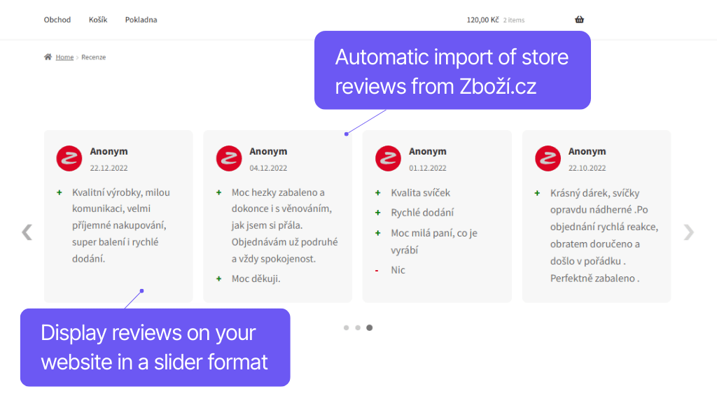 Toret plugin Product Comparison Sites for WooCommerce - displaying store reviews from Zboží.cz - slider