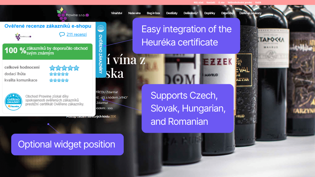 Toret plugin Product Comparison Sites for WooCommerce - integration of widget with Heuréka Ověřeno zákazníky certificate