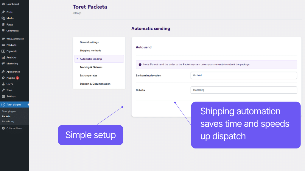 Toret plugin WooCommerce Packeta - automatic sending settings