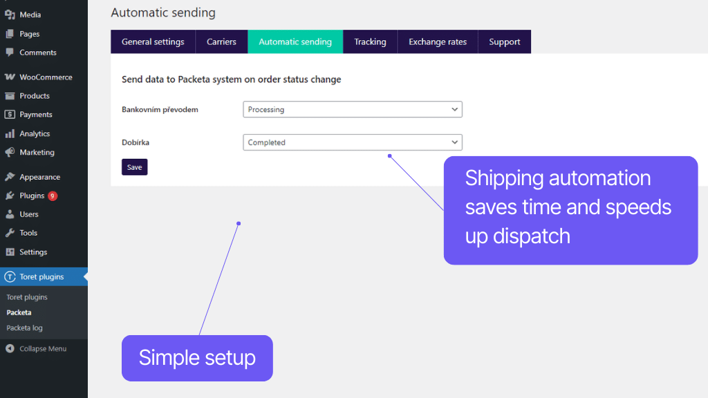 Toret plugin WooCommerce Packeta - automatic sending settings