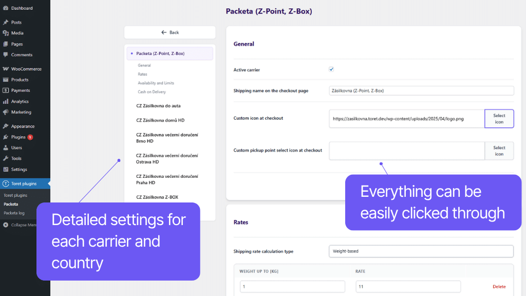 Toret plugin WooCommerce Packeta - carrier settings